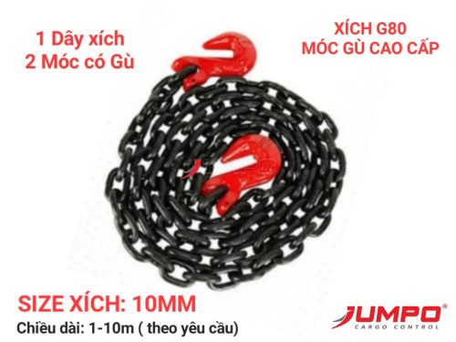 Dây xích chằng hàng G80 10mm + 2 móc gù