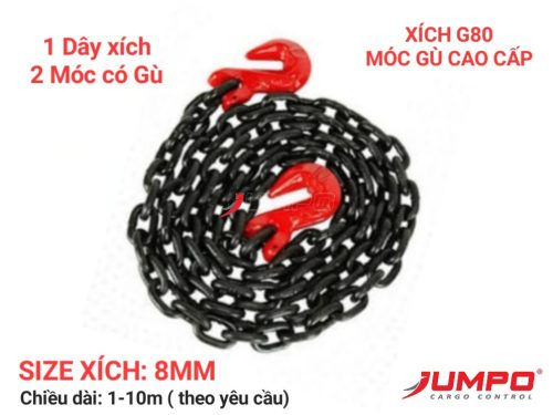 Dây xích chằng neo hàng G80 8mm + 2 móc gù